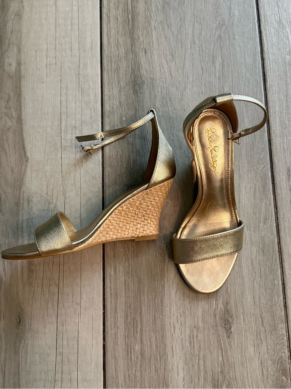 Lilly Pulitzer Metallic Gold Wedge Sandals with Ankle Strap